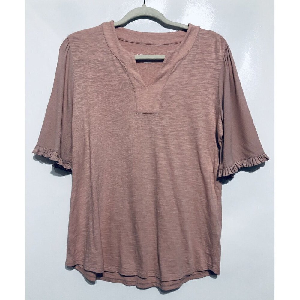 Soft Surroundings Womens Petite Small Pink Ciara  Pleat Sleeve V-Neck Blouse